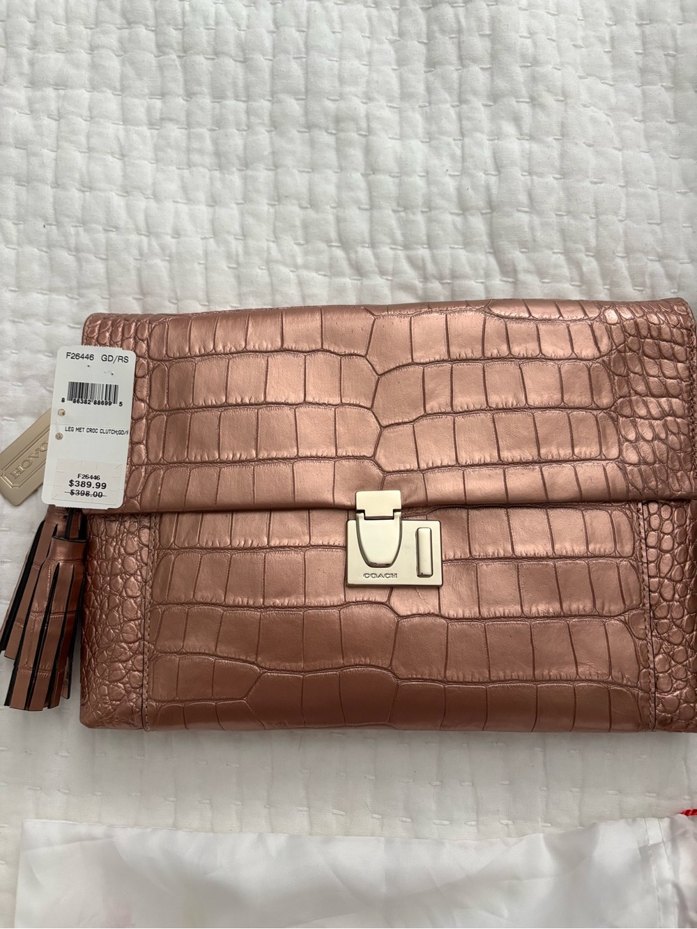 NWT Coach Legacy Liquid Metallic Croc Lock Clutch Rose Gold 26446